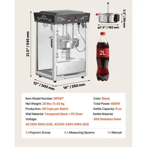 VEVOR Popcornmaschine mit Edelstahlkessel, 800 W kommerzieller Popcornmaker, 48 Tassen pro Ladung, Kinostil, mit 2-Tasten-Bedienung, Glaswand, PC-Tür, 1 Portionierer, 3 Löffel, Schwarz – Bild 6