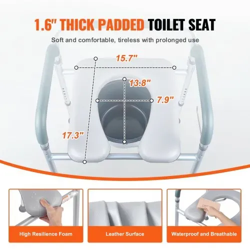 VEVOR Toilettenstuhl Nachtstuhl mit Gepolsterter Sitzfläche & Armlehnen, 7-stufig höhenverstellbar, 5,8 L Abnehmbarer Eimer, Einfach zu Montieren, 158 kg Fassungsvermögen, Erhöhter Toilettensitz – Bild 4