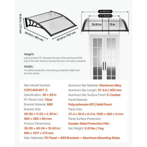 VEVOR Vordach für Haustür 965x1017 mm, Pultbogenvordach, Pultvordach mit Entwässerung & ABS-Halterung, Regen-, Schnee- & Sonnenschutz, Polycarbonat-Türüberdachung für Veranda & Terrasse, Braun – Bild 6