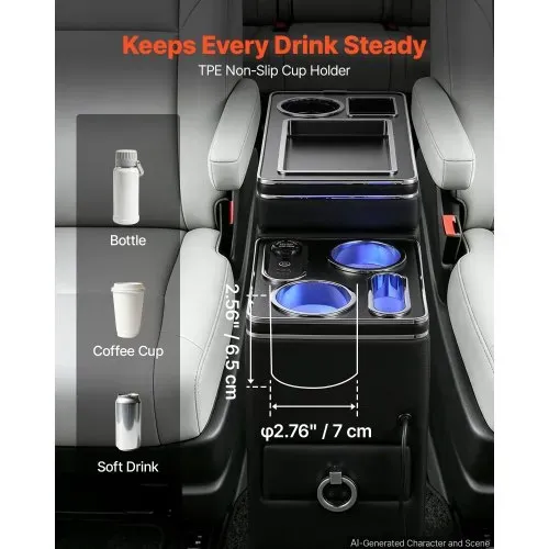 VEVOR Mittelkonsole 15 W 7-Farben LED Auto-Organizer zwischen den Sitzen für Smartphones und Elektronikgeräte, 5 V/3 A QC, 5 V/3 A PD-Typ-C, 12-24-V-Buchse, 3 Getränkehalter, Staufach und Schublade – Bild 3