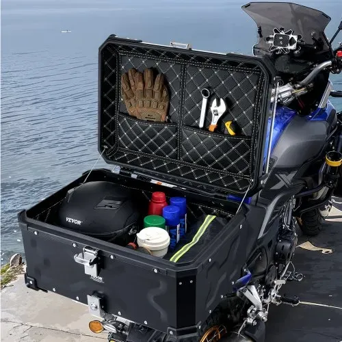 VEVOR Motorrad-Topcase Motorradkoffer 65 L Heckbox aus Aluminiumlegierung mit Lederfutter, abnehmbare Motorrad-Topbox mit Schloss & Rückenpolster, Helmkoffer (565 x 500 x 380 mm) Schwarz – Bild 7