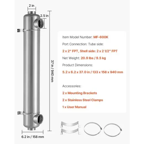 VEVOR Schwimmbad Wärmetauscher 175,8 kW, Edelstahl Schwimmbadheizer mit 30 Rohren, Pool-Wärmeüberträger mit 1,0 MPa Druck & 0,75 m² Wärmetauscherfläche, Wärmeaustauscher für Poolsystem Spa Heizung – Bild 6