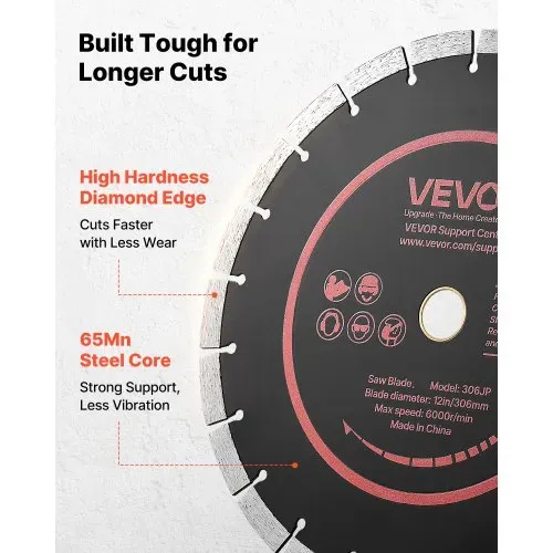 VEVOR 3 Stk. Diamanttrennscheiben 306mm, Diamant-Sägeblätter mit 25,4mm Bohrung & 13mm Segmenthöhe, Max. 6000 U/min Diamantscheiben für Trocken/Nass Schneiden, Trennscheibe für Beton Mauerwerk Stein – Bild 3