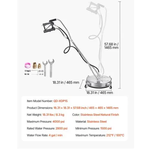 VEVOR 465 mm Hochdruckreiniger, Oberflächenreiniger, Flächenreiniger aus Edelstahl mit 4 Rädern, max. 4000 PSI, 3/8-Schnellanschluss, 2 Sprühdüsen, Doppelgriff, für Beton, Terrasse, Gehweg – Bild 6