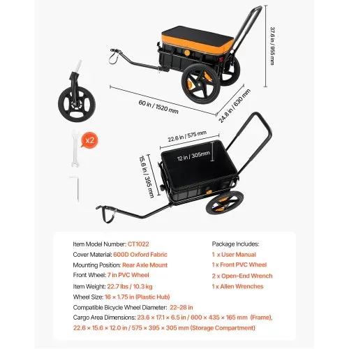 VEVOR Fahrradanhänger Lastenanhänger 2-in-1 Handwagen mit Kupplung 45 kg, Kohlenstoffstahl & 600D Oxford, Mit Regenschutz Deichsel & 6 Reflektoren, Für 22-28 Zoll Räder, Fahrradwagen für Transport – Bild 6