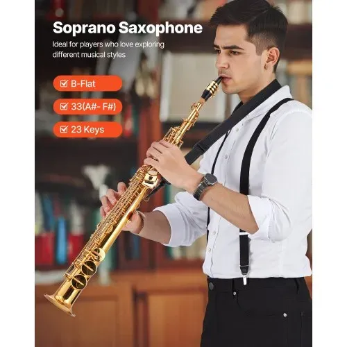VEVOR Sopransaxophon, B-Dur, Messing-Saxophon-Anfängerset mit Tragetasche, Mundstück, Reinigungstuch, Stab, Handschuhen, Umhängeband, 23-Tasten-Sax-Set, für Anfänger & Schüler, Gold VEVOR Sopransaxophon, B-Dur, Messing-Saxophon-Anfängerset mit Tragetasche, Mundstück, Reinigungstuch, Stab, Handschuhen, Umhängeband, 23-Tasten-Sax-Set, für Anfänger & Schüler, Gold