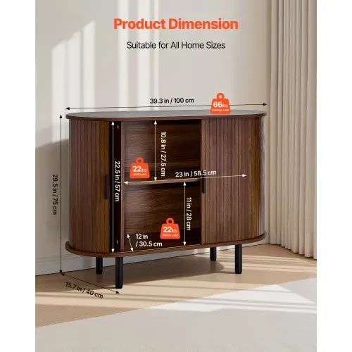 VEVOR Sideboard Küchenschrank mit 2 Schiebetüren, Buffetschrank im mittelalterlichen Stil für Wohnzimmer Eingangsbereich, Aufbewahrungsschrank 100 x 40 x 75 cm Walnuss Küchenbuffet Buffetschrank – Bild 2