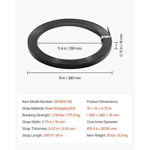 VEVOR Umreifungsstahlband, 19 mm x 0,55 mm x 91 m, Verpackungsstahlband, Metallbandrolle, 775,6 kg Bruchfestigkeit, Stahlumreifungsbänder, Hochleistungsbandrolle für Palettenverpackung – Bild 6