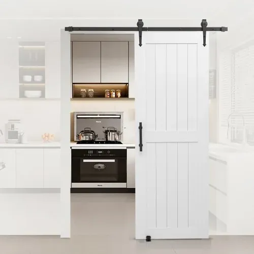 VEVOR Schiebetür im Scheunenstil Schiebetürsystem (762 x 2134 mm) aus hochfesten MDF-Platten, Scheunentor mit Hardware-Kit & wasserfester PVC-Oberfläche & H-Rahmen für Wohnzimmer Badezimmer Weiß – Bild 7