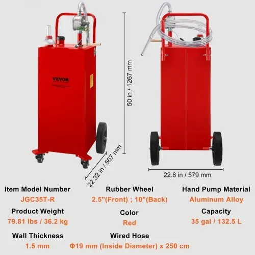 VEVOR Fuel Caddy Kraftstoffspeichertank 132 L 4 Räder mit manueller Pumpe, Rot – Bild 6