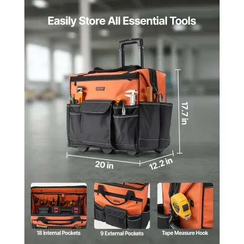VEVOR Werkzeugtasche mit Rollen, 50 kg Tragkraft, 27 Taschen, Arbeitsrucksack mit verstellbarer Teleskopgriff & stabiler Standfuß, Werkzeugtaschen-Organizer für Bau, Mechanik, 510x310x450 mm VEVOR Werkzeugtasche mit Rollen, 50 kg Tragkraft, 27 Taschen, Arbeitsrucksack mit verstellbarer Teleskopgriff & stabiler Standfuß, Werkzeugtaschen-Organizer für Bau, Mechanik, 510x310x450 mm