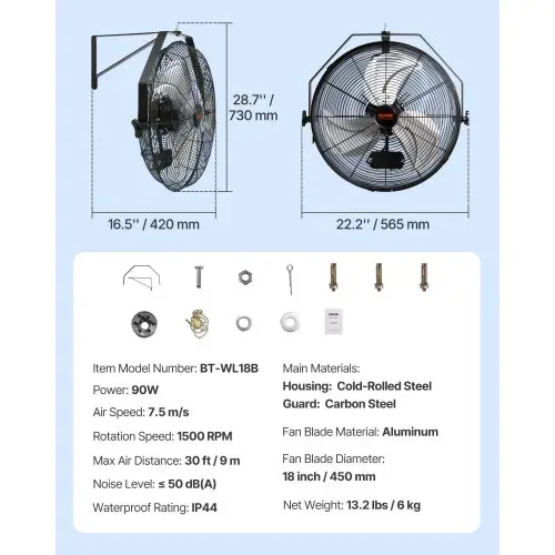 VEVOR Wandventilator, 57 cm, wasserdichter oszillierender Wandventilator, 3 Geschwindigkeiten, 4150 CFM, gewerblicher Wohnventilator zur Kühlung von Lager, Gewächshaus, Werkstatt, Terrasse, Schwarz – Bild 6