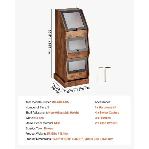 VEVOR Brotkasten Freistehend Brotschrank mit vier Rollen aus MDF Braun Ideal für Bagels, Muffins & Selbstgebackenes Brot, Einschiebbare Klapptüren mit Griffen, Transparentem Acrylfenster, 3 Ebenen – Bild 6