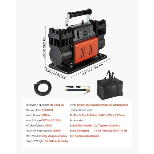 VEVOR Luftkompressor Zweizylinder, 300 L/min, Reifenfüller mit automatischer Abschaltung, 12 V, 10,3 bar, Offroad-Luftpumpe mit LCD-Digitalanzeige & Adaptern für LKW, PKW, SUV, Geländewagen & RV – Bild 6