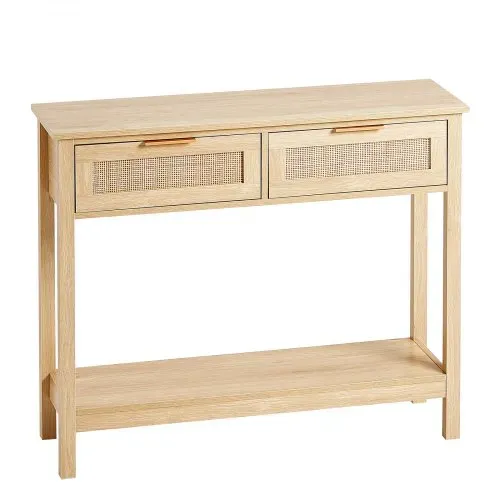 VEVOR Rattan-Konsolentisch mit 2 Schubladen, Rattan-Eingangstisch mit natürlicher Rattan-Schiebetür, Konsolen-Sofatisch für Wohnzimmer, Arbeitszimmer, Eingangsbereich oder Fernsehwand, Natur – Bild 10