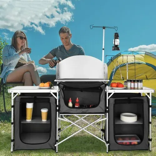VEVOR Camping-Küchentisch, Klappbarer Outdoor-Kochtisch mit Aufbewahrungstasche, Aluminium-Kochstation mit 3 Schränken und Abnehmbarer Windschutzscheibe, Schneller Aufbau für Picknicks, Grill usw. – Bild 7