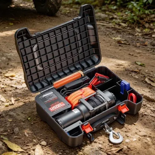 VEVOR Elektrische Seilwinde 12V, Mobile Seilwinde mit 2041kg Tragkraft & Fernbedienung, Tragbare Motorwinde mit Synthetikseil Seilführung Schäkelhaken Gurt Tragkiste, Elektrowinde für ATV UTV Offroad – Bild 7