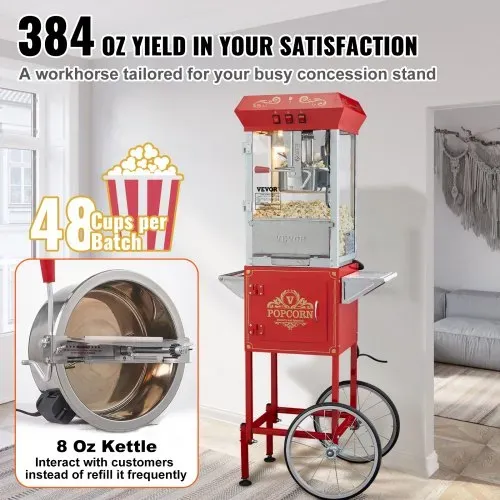 VEVOR Popcornmaschine Popcornautomat Popcorngerät mit Wagen 850 W Popcornmaschine 8 oz Kessel für 48 Tassen pro Ladung, Popcornmaschine mit gehärtetem Glas, inkl. 4 Schaufeln, Kino-Stil, rot – Bild 2
