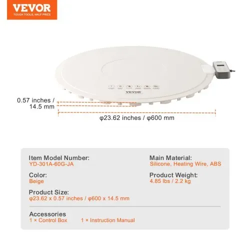 VEVOR elektrisches Warmhaltetablett Speisenwärmmatte für Buffet, tragbarer Speisenwärmer mit 4 einstellbaren Temperatureinstellungen, φ600 mm x 14,5 mm, Perfekt für Partys, Catering, zu Hause – Bild 6
