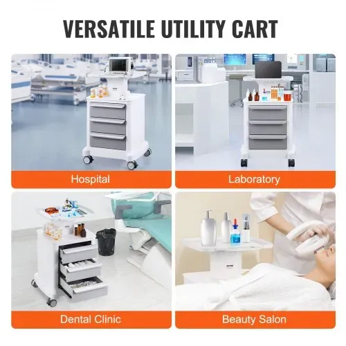 VEVOR Laborwagen mit 4 Ebenen, Laborwagen mit 3 Schubladen und 1 oberen Ablage, mobiler medizinischer Wagen aus ABS-Material, Laborrollwagen mit 4 leisen Rädern für Labor, Klinik, Krankenhaus, Salon, weiß – Bild 5