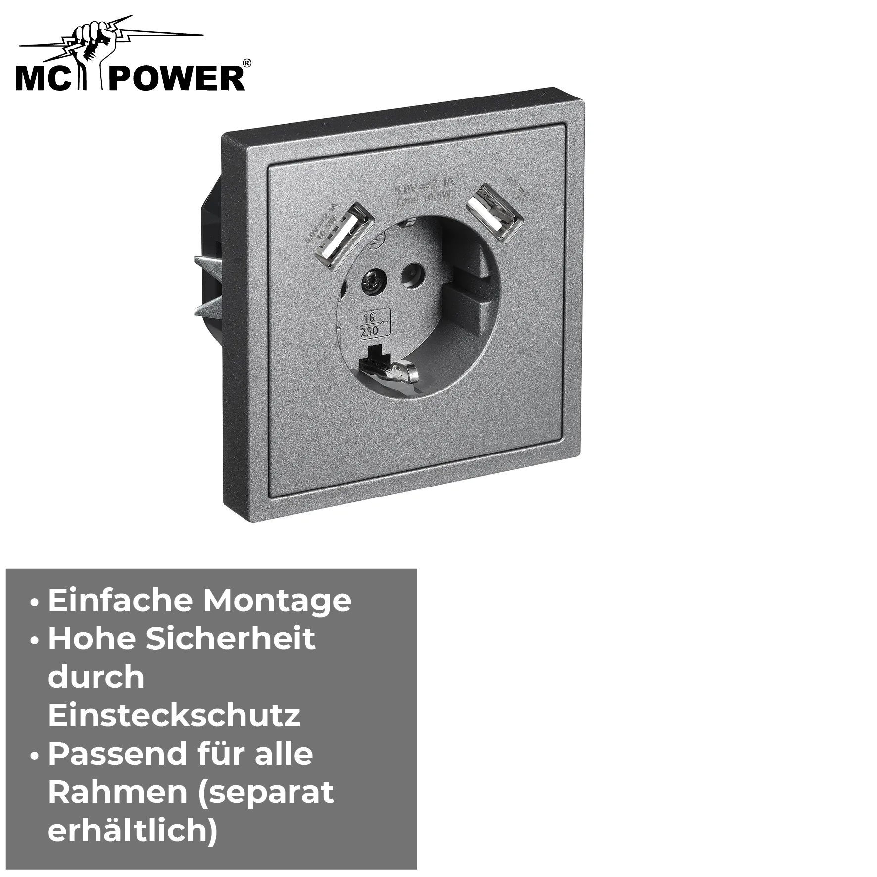 Schutzkontakt-Steckdose McPower ''Shallow'' 2x USB-A - 5V/2,1A – Bild 4