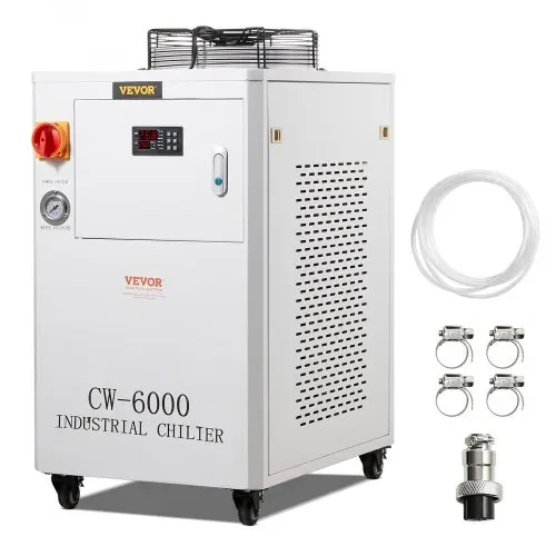 VEVOR Industrieller Wasserkühler, CW6000, 1500 W Wasserkühler-Kühlsystem mit Kompressor, 15 L Wassertankkapazität, 65 L/min max. Durchflussrate, für Kühlmaschine für CO2-Lasergravurmaschinen VEVOR Industrieller Wasserkühler, CW6000, 1500 W Wasserkühler-Kühlsystem mit Kompressor, 15 L Wassertankkapazität, 65 L/min max. Durchflussrate, für Kühlmaschine für CO2-Lasergravurmaschinen