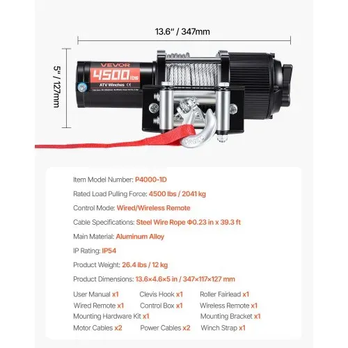 VEVOR Elektrische Seilwinde 2041 kg, 12V DC Motorwinde mit Φ5,8 mm x 12 m Stahlseil, Kabelloser & Kabelgebundener Fernbedienung, IP55, Elektrowinde zum Abschleppen von ATVs, UTVs & Offroad-Fahrzeugen – Bild 6