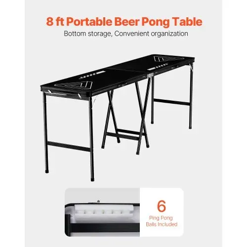 VEVOR Klappbarer Bierpong-Tisch 2,4 x 0,6 x 0,9 m mit 6 Tischtennisbällen, Faltbarer Beer-Pong-Tisch Tragbar mit Tragegriffen, Ideal für Büro, Grillpartys, Reisen und Camping, Schwarz VEVOR Klappbarer Bierpong-Tisch 2,4 x 0,6 x 0,9 m mit 6 Tischtennisbällen, Faltbarer Beer-Pong-Tisch Tragbar mit Tragegriffen, Ideal für Büro, Grillpartys, Reisen und Camping, Schwarz