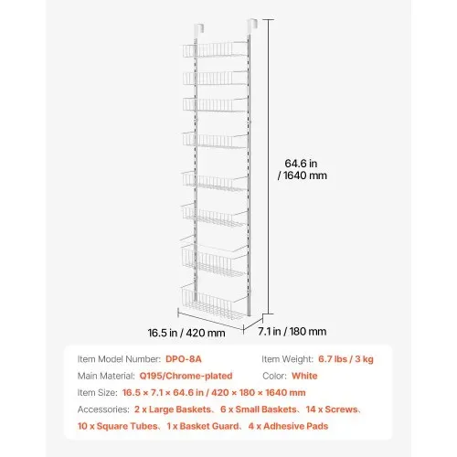 VEVOR Vorratsschrank Speisekammer-Organizer Aufbewahrung über der Tür, 8-stufige Gewürzregale zum Aufhängen aus Stahl, verstellbare Lagerregale für die Wand, für Zuhause Küche Badezimmer, Weiß – Bild 6