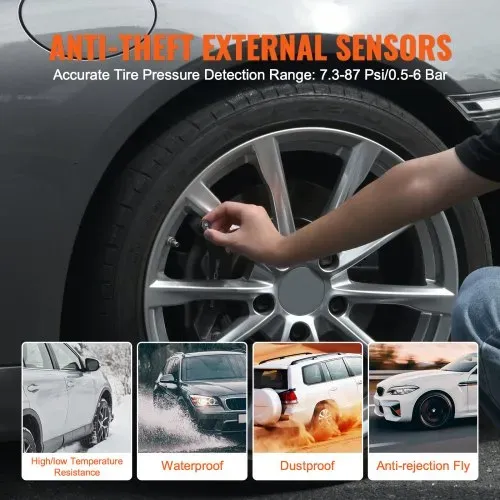 VEVOR Reifendrucküberwachungssystem für Wohnmobile, 7,3–87 psi Anhänger-TPMS, universelles kabelloses Autoalarmsystem wasserdichtes TPMS-Sensorset mit 4 Sensoren 5 Alarmmodi Echtzeitanzeige – Bild 4