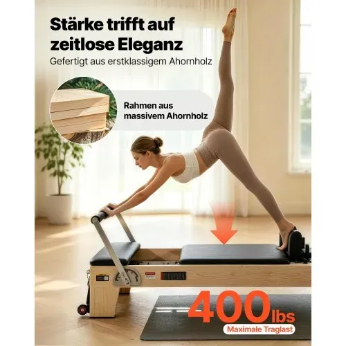 VEVOR Pilates Reformer Trainingsgerät aus Holz für den Einsatz im Heim-Fitnessstudio, Pilates-Bett mit doppeltem Widerstand – Feder & Kordel, Ausrüstung mit Sitzbox , bis zu 181,44 kg – Bild 2