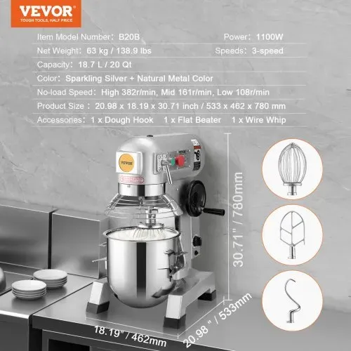 VEVOR Kommerzieller Küchenmixer, 18,7 l kommerzieller Standmixer mit 3 einstellbaren Geschwindigkeiten, 1100 W Teigmixer mit Edelstahlschüssel und 3 Mixaufsätzen, ideal für Restaurant, Bäckerei, Konditorei, Café – Bild 6