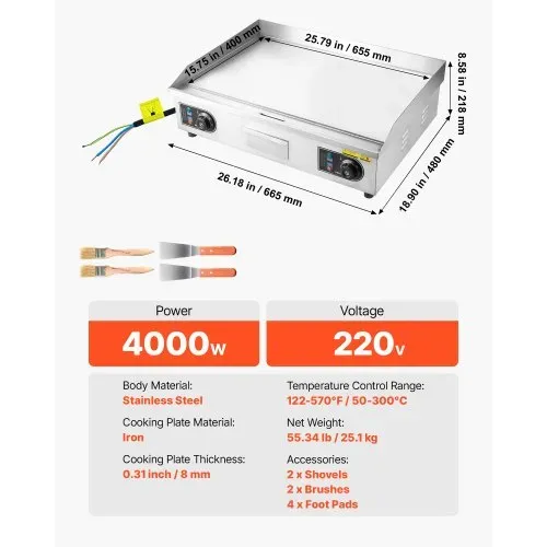 VEVOR Elektro-Grillplatte 4000 W 655 x 400mm Grillbereich, 50-300 °C Gastro-Griddleplatte aus Edelstahl (Gehäuse) Tischgrillplatte mit 2 Spateln 2 Bürsten & 4 Fußpolstern für Steaks BBQ, Ohne Stecker – Bild 6