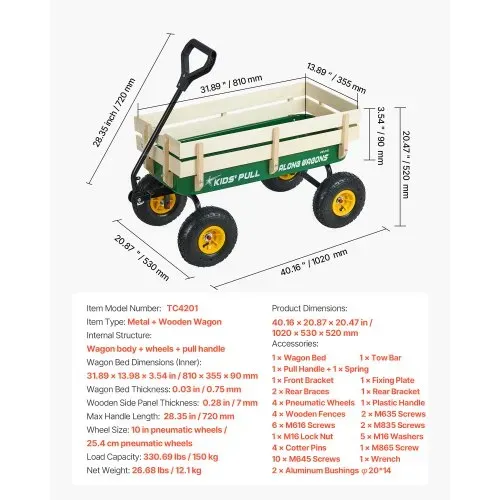 VEVOR Handwagen für Kinder, 102 cm Bollerwagen, Transportwagen mit Schiebestange, aus Holz & Metal, max. 150 kg tragbar, ideal für Kinder ab 5 Jahren, Garten, Ausflüge & Strand, Farbe Grün & Gelb – Bild 6