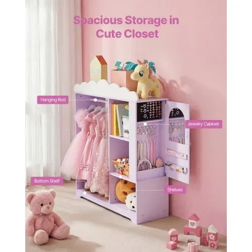 VEVOR Kinderkleiderschrank 91x30x103cm, Kindergarderobe mit Spiegel Kleiderstange Ablagen, Verkleidungsschrank aus MDF mit Schmuckkästchen für Mädchen, Kinderschrank für Kostüme Spielzeug Puppen, Lila – Bild 2