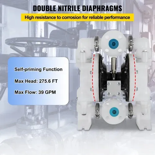 VEVOR Luftbetriebene Doppelmembranpumpe, 2,54cm / 25mm Einlass/Auslass, 136 L/min Polypropylen, max. 7 bar / 100 psi für den chemischen und industriellen Einsatz – Bild 3
