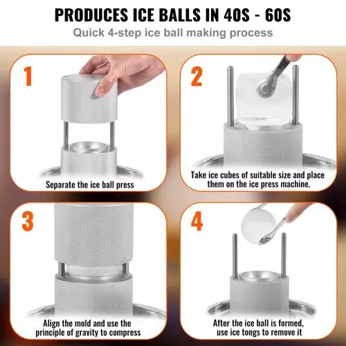 VEVOR Eiswürfelbereiter Eiswürfelformen Satz 60 mm, Eiswürfelform Eiskugelform mit Eiszange & Tropfschale, Alu Strapazierfähige Eiswürfelformen Eiswürfelbehälter Whisky Americano, Saft & Milch Silber – Bild 2