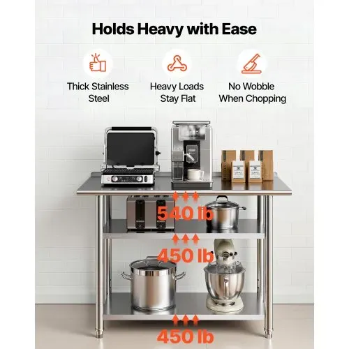 VEVOR Gasto Arbeitstisch 1219x610x864 mm, Edelstahltisch mit 3 Ebenen & Aufkantung & Höhenverstellbaren Ablagen Belastbarkeit Top 245 kg & 2 Unterablagen je 204 kg Vorbereitungstisch für Restaurant – Bild 3