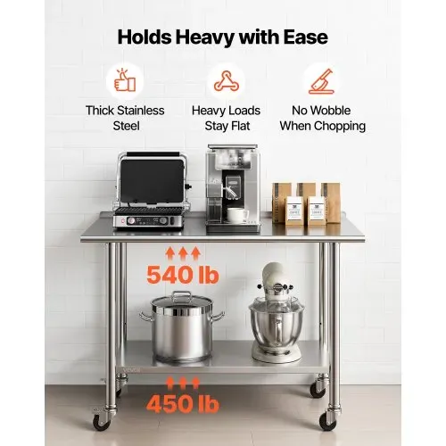 VEVOR Edelstahltisch Gastro 1220 x 610 x 894 mm, Verstellbarer Edelstahltisch mit Rollen, Aufkantung (30 mm), Arbeitstisch mit Grundboden für Restaurant Obere Ablage (245 kg) Untere Ablage (204 kg) – Bild 3