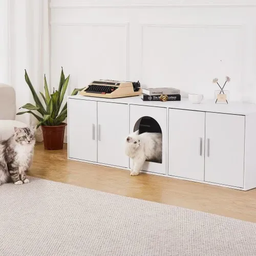 VEVOR Katzentoilettengehäuse für 2 Katzen, Katzentoilettenmöbel versteckt mit Doppelzimmern, Katzentoilettenschrank aus Holz passt in die meisten Katzentoiletten, 57,9"L x 18,3"B x 17,9"H, weiß – Bild 7