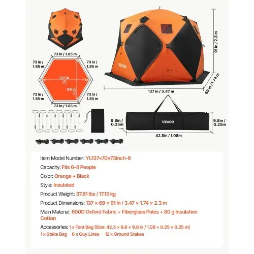 VEVOR Eisangelzelt Eisfischerzelt für 6-8 Personen 3,47x1,74x2,3 m Isoliert, fürs Winterangeln, 7,82 m² Fläche, 600D 4-Lagiges Gewebe, Tragbares Eisschutzzelt im Hub-Stil mit Ankern Seilen & Tragetasche – Bild 6