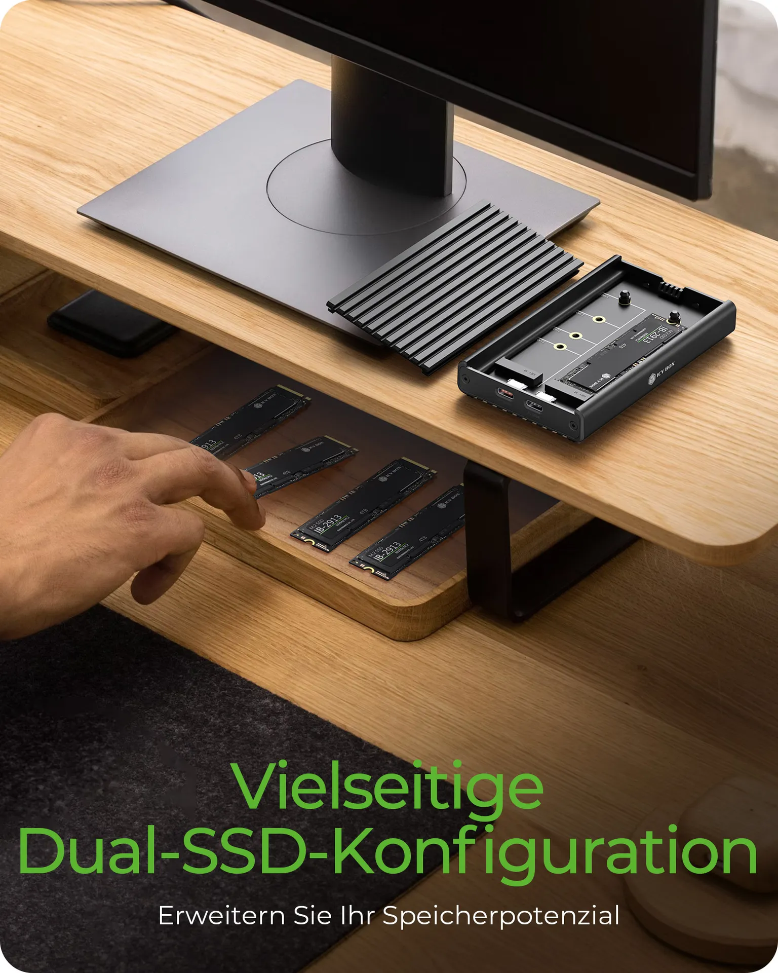 ICY BOX IB-2817M-C32, 2-fach M.2 PCIe NVMe Gehäuse, Host USB 3.2 Gen2x2 Type-C® 20 Gbit/s, für 22x30/42/60/80 mm M.2 SSD, Aluminium – Bild 4