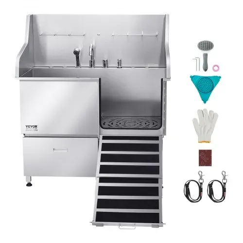 VEVOR 304 Edelstahl-Hundewaschstation, 127 cm große Pflegebadewanne mit rutschfester, flacher Rampe, Schublade, Warm- und Kaltwasserhahn, All-in-One-Badewanne für Pflegesalons, für alle Größen geeignet (rechte Tür) – Bild 8