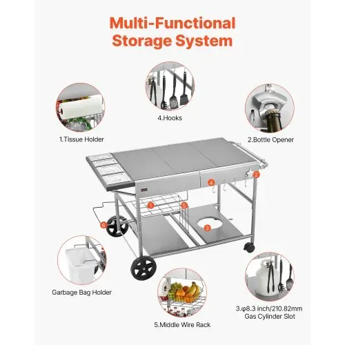 VEVOR Grillwagen Outdoor 925x595x25 mm (Tischplattengröße), Rollbarer Grilltisch mit 4 Gewürzbehältern & Rädern & Deckeln & Haken, Grillvorbereitungstisch Servierwagen für Picknick Küche Garten – Bild 5
