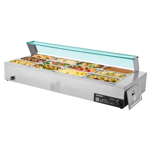 VEVOR kommerzieller Speisenwärmer (12 x 1/3 Größe Behälter), 1,7 kW elektrischer Wärmebehälter aus Edelstahl mit Glasabdeckung & Suppenkelle, Chafing Dishes für Catering Restaurant Party – Bild 9