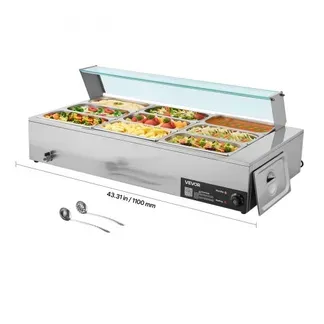 VEVOR kommerzieller Speisenwärmer (9 x 1/3 Größe Behälter), 1,5 kW elektrischer Wärmebehälter aus Edelstahl mit Glasabdeckung & Suppenkelle, Chafing Dishes für Catering Restaurant Party VEVOR kommerzieller Speisenwärmer (9 x 1/3 Größe Behälter), 1,5 kW elektrischer Wärmebehälter aus Edelstahl mit Glasabdeckung & Suppenkelle, Chafing Dishes für Catering Restaurant Party