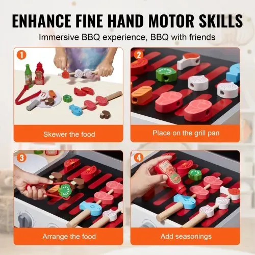 VEVOR Holzgrill-Spielzeuggrill, Kindergrill-Spielset mit Spiellebensmitteln und Grillwerkzeugen, Küchenzubehör aus Holz für Spiellebensmittel (21-teilig), Rollenspiel-Kochspielzeug für Kleinkinder, Jungen und Mädchen ab 3 Jahren, Geschenk – Bild 4