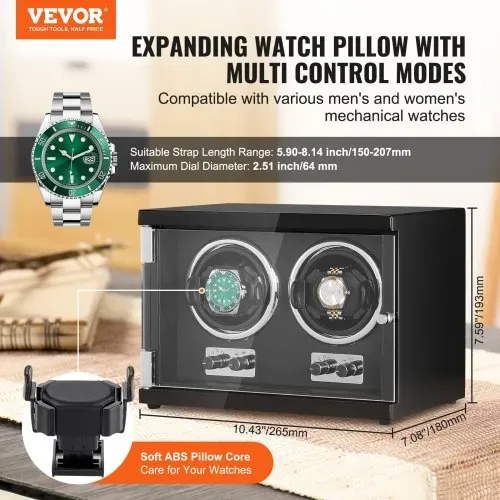 VEVOR Uhrenbeweger, Automatik-Uhrenbeweger, Watch Winder, Uhrenbeweger für Automatikuhren, Automatischer Uhrenbeweger mit Platz für 2 Uhren, LED Beleuchtung, 150–207 mm Einstellbare Riemenlänge VEVOR Uhrenbeweger, Automatik-Uhrenbeweger, Watch Winder, Uhrenbeweger für Automatikuhren, Automatischer Uhrenbeweger mit Platz für 2 Uhren, LED Beleuchtung, 150–207 mm Einstellbare Riemenlänge
