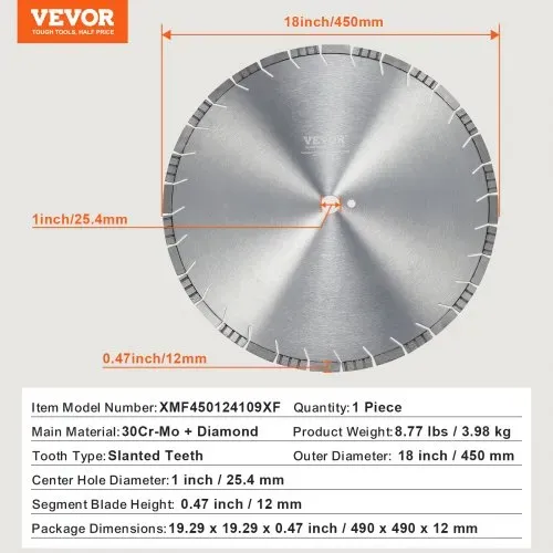 VEVOR Diamantsägeblatt Betonsägeblatt 45 cm für Nass- oder Trockenarbeiten, 12 mm Diamantsegmentsägeblatt mit schrägen Zähnen, Mittellochdurchmesser 25,4 mm, für Beton, Zementplatten, Fliesen, Ziegel – Bild 6