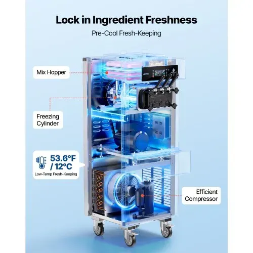 VEVOR Freistehende Softeismaschine 20-28 L/h, Speiseeisbereiter 2200 W, Gewerbliche Eiscrememaschine mit 3 Aromen & 2 x 6-Liter-Behältern & Vorkühlung & Warnfunktion bei Niedrigem Mischungsstand VEVOR Freistehende Softeismaschine 20-28 L/h, Speiseeisbereiter 2200 W, Gewerbliche Eiscrememaschine mit 3 Aromen & 2 x 6-Liter-Behältern & Vorkühlung & Warnfunktion bei Niedrigem Mischungsstand